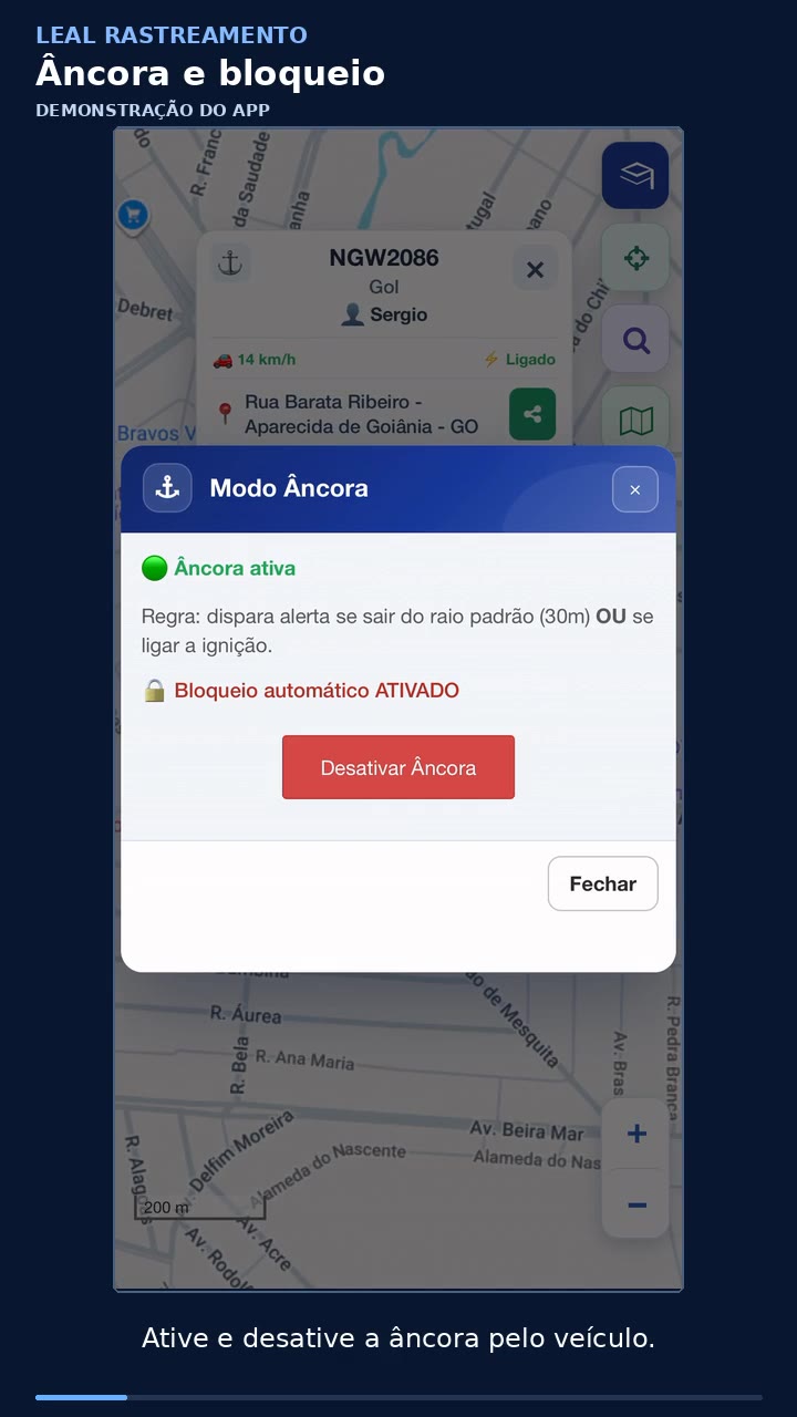 Demonstração de âncora e bloqueio no aplicativo Leal