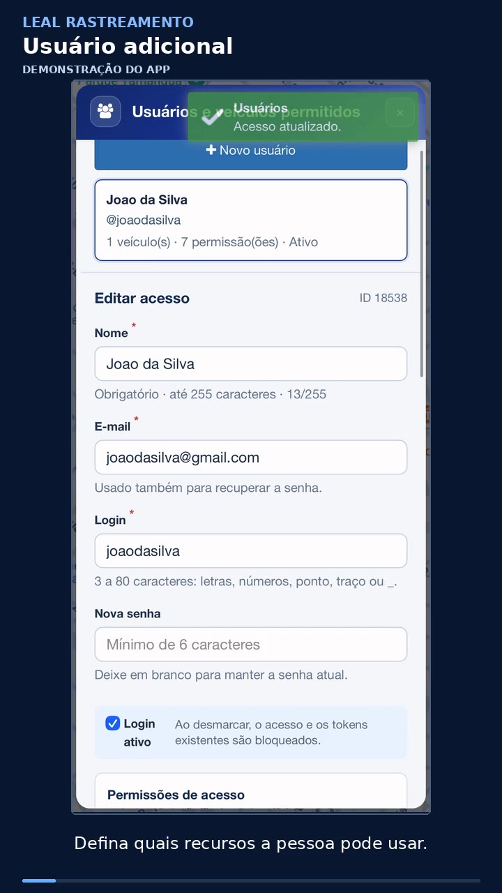 Demonstração de usuários adicionais no aplicativo Leal